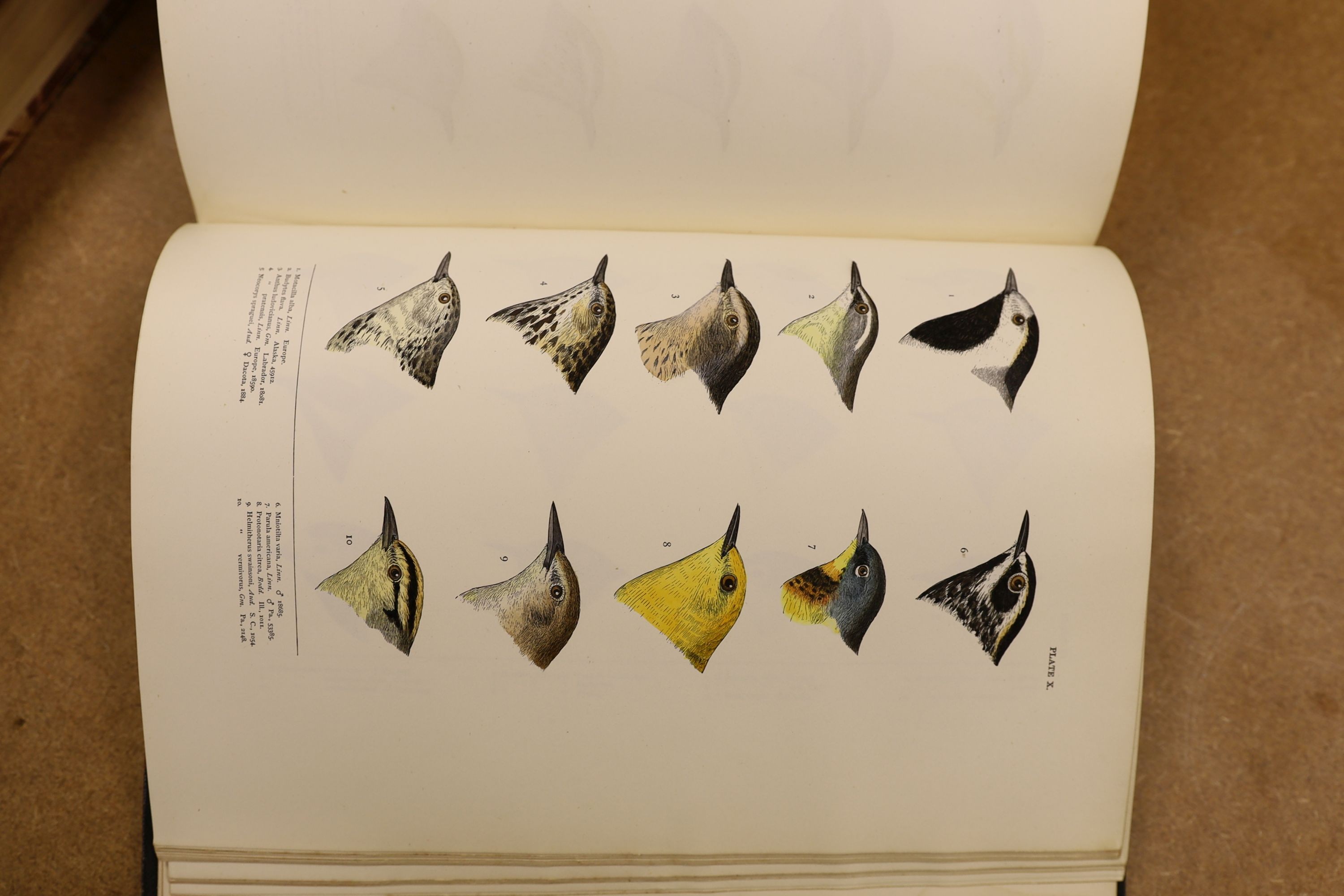 Baird, S.F. & Others - A History of North America Birds: Land Birds, 3 vols., coloured plates and other illus.; old half leather and marbled boards, gilt tops and marbled e/ps., 4to.